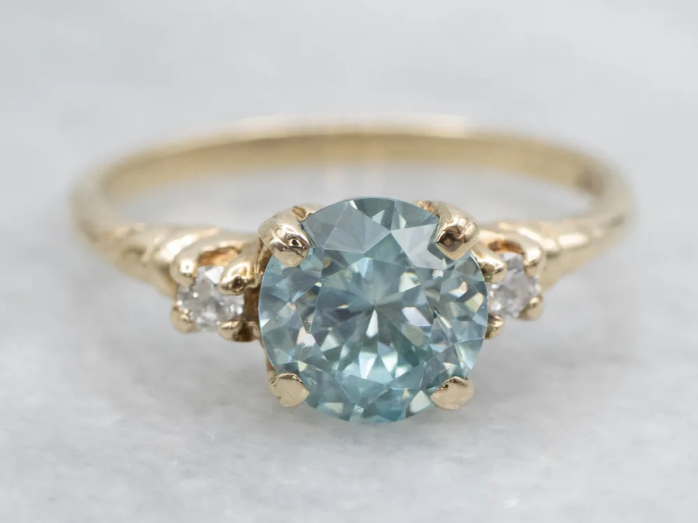 Blue Zircon and Diamond Yellow Gold Ring