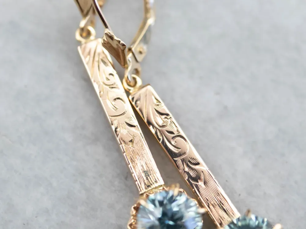 Blue Zircon Ornate Verguld Bar Drop Earrings met CE-Keurmerk