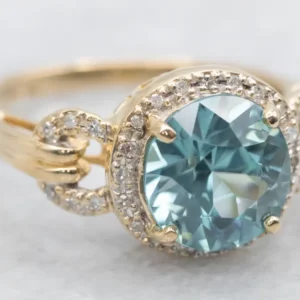 Blue Zircon Ring Diamond Halo