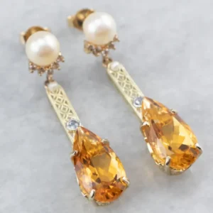 Citrine Pearl Goud Filigree Bar Drop Earrings