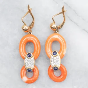 Coral, Sapphire Cabochon, and Diamond Drop Earrings