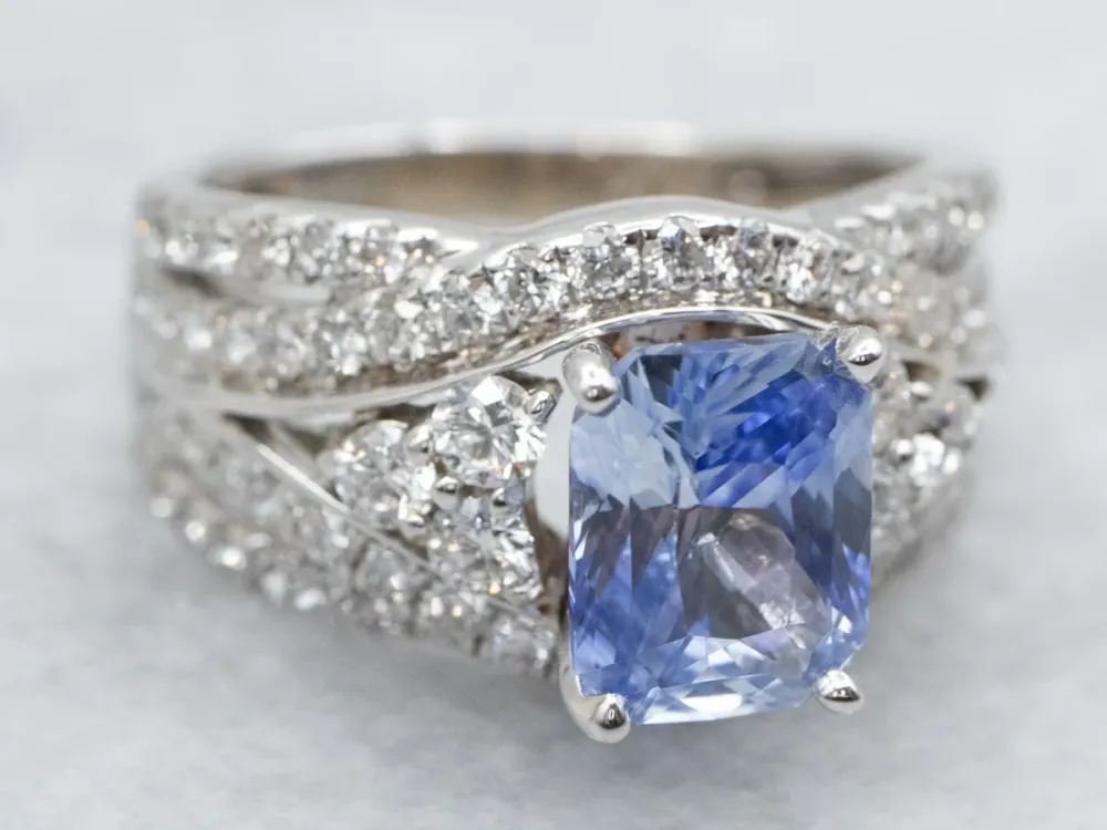Curved Sapphire and Diamond Engagement Ring - DIN Norm