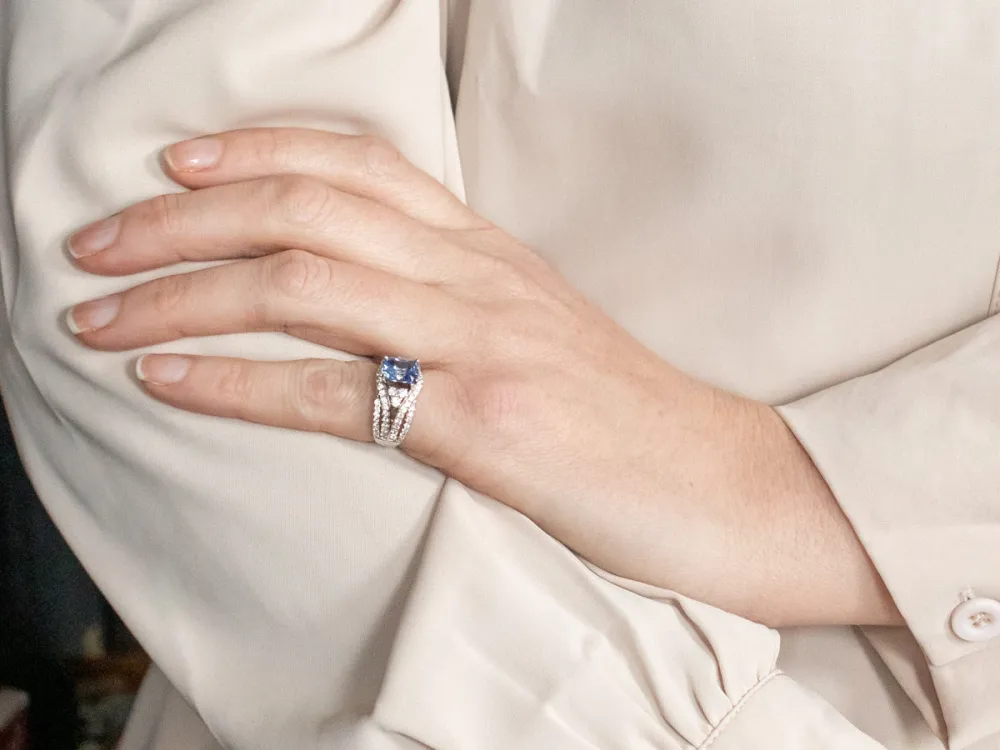 Curved Sapphire and Diamond Engagement Ring - DIN Norm