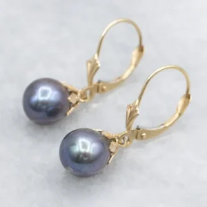 Dyed Purple Pearl Yellow Gold Drop Earrings