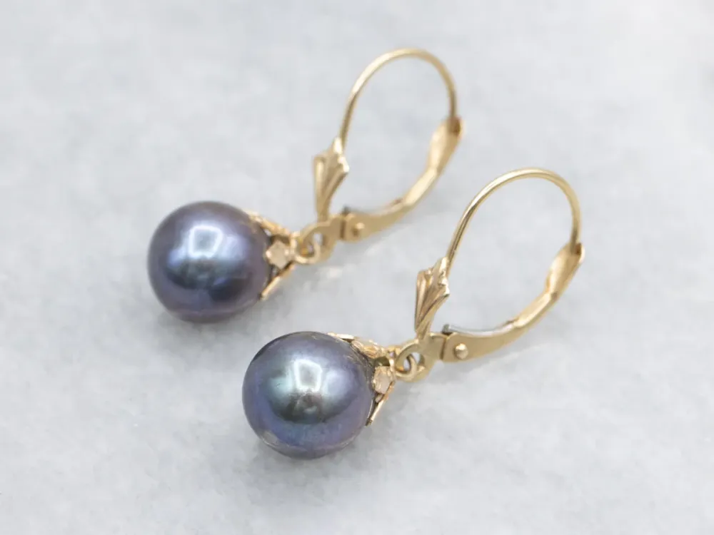 Dyed Purple Pearl Yellow Gold Drop Earrings