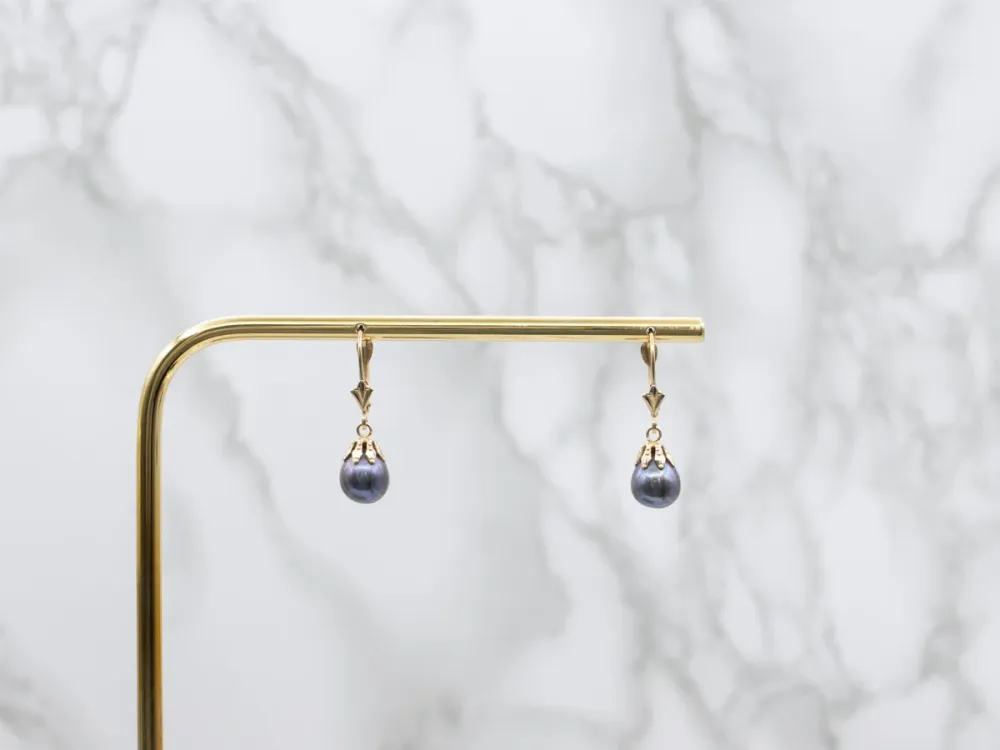 Dyed Purple Pearl Yellow Gold Drop Earrings