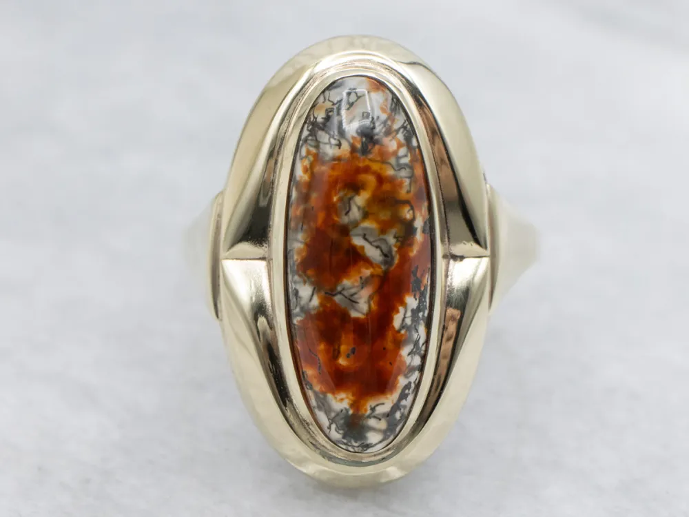 Elongated Carnelian Moss Agate and Verguld Ring met CE-Keurmerk