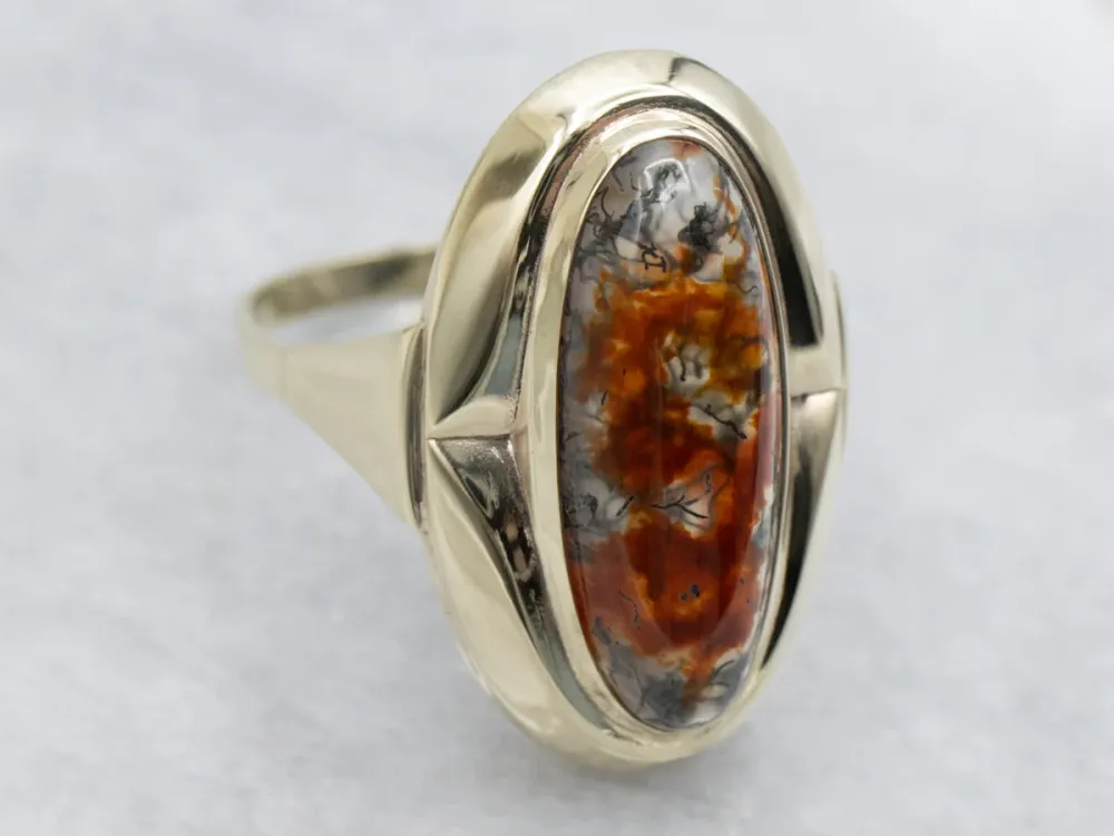 Elongated Carnelian Moss Agate and Verguld Ring met CE-Keurmerk