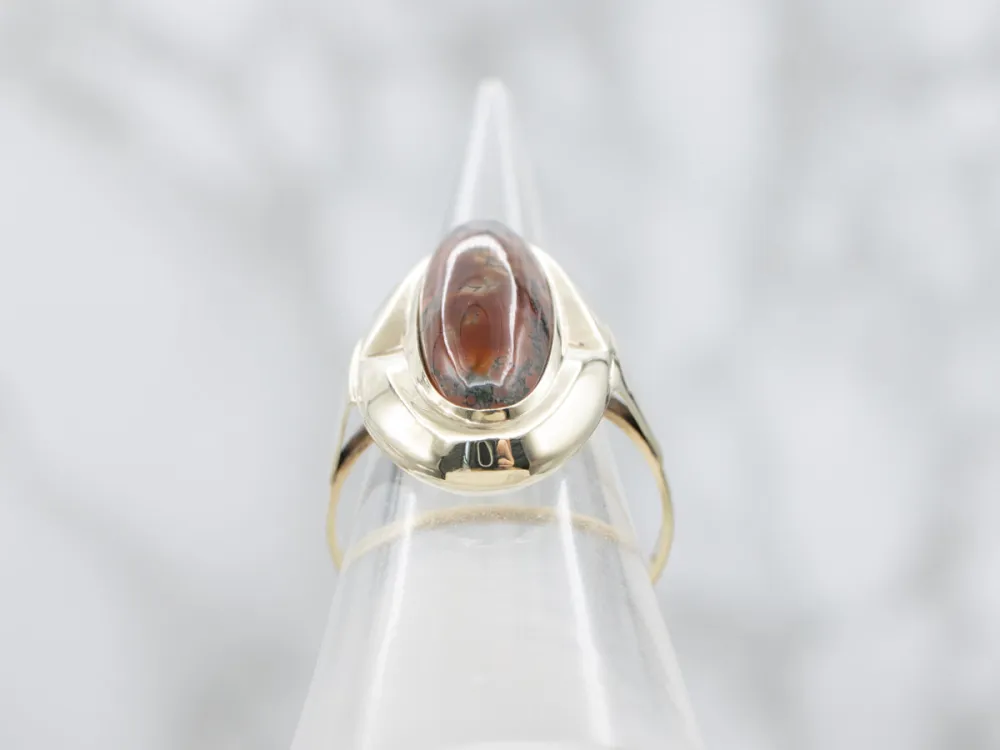 Elongated Carnelian Moss Agate and Verguld Ring met CE-Keurmerk