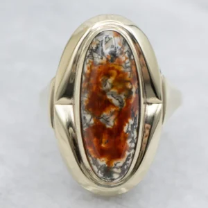 Elongated Carnelian Moss Agate and Verguld Ring met CE-Keurmerk