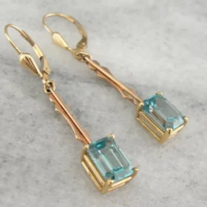 Emerald Cut Blue Zircon Gouden Bar Drop Earrings - DIN Norm