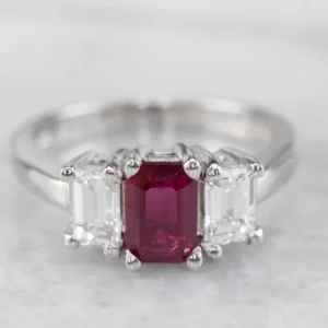 Emerald Cut Ruby and Diamond Ring - DIN Norm