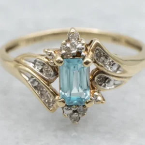 Emerald-Cut Blue Zircon Diamond Antiekstijl Bypass Ring