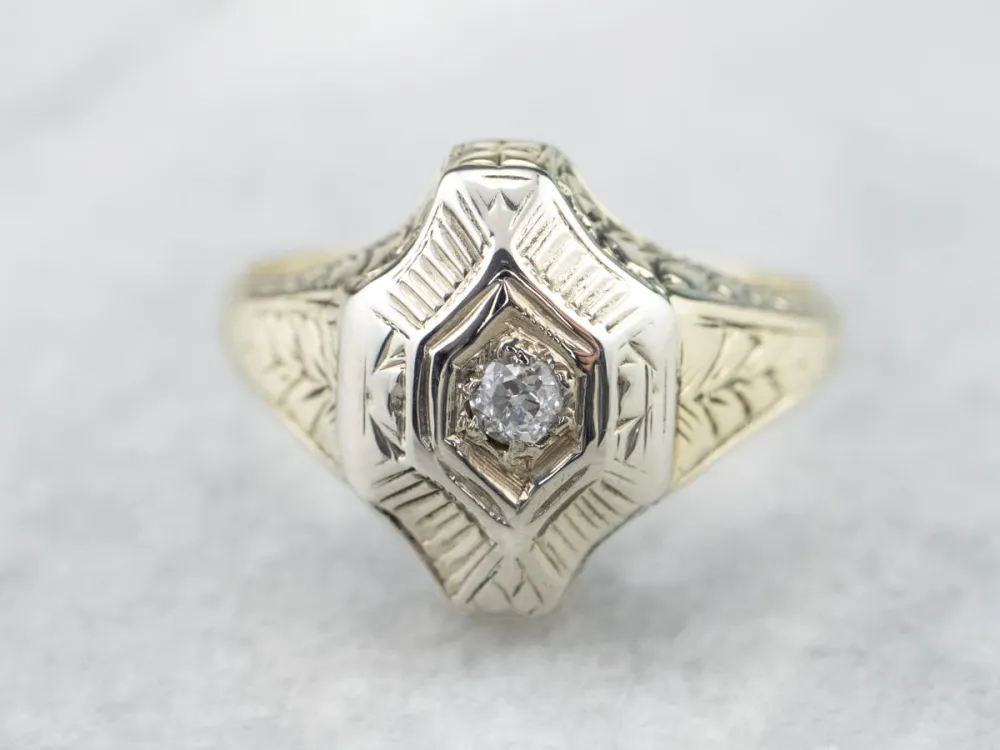 Engraved Old Mine Cut Diamond Solitaire Ring