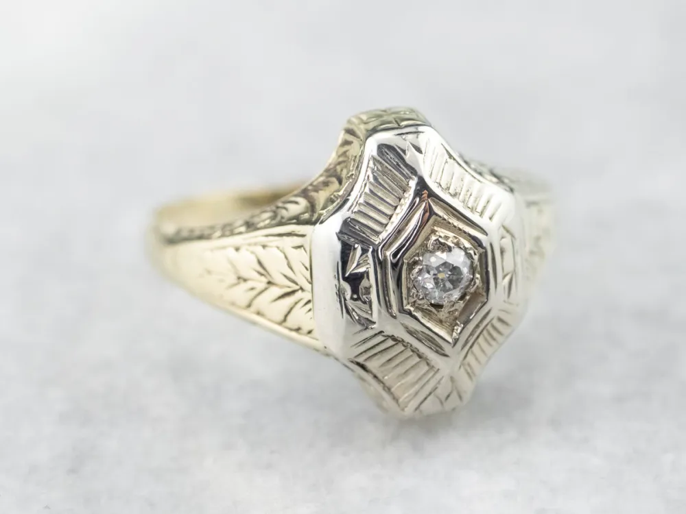 Engraved Old Mine Cut Diamond Solitaire Ring