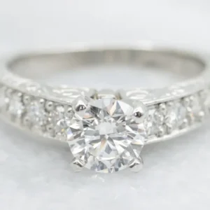 Engraved Platinum Round Brilliant Diamond Engagement Ring