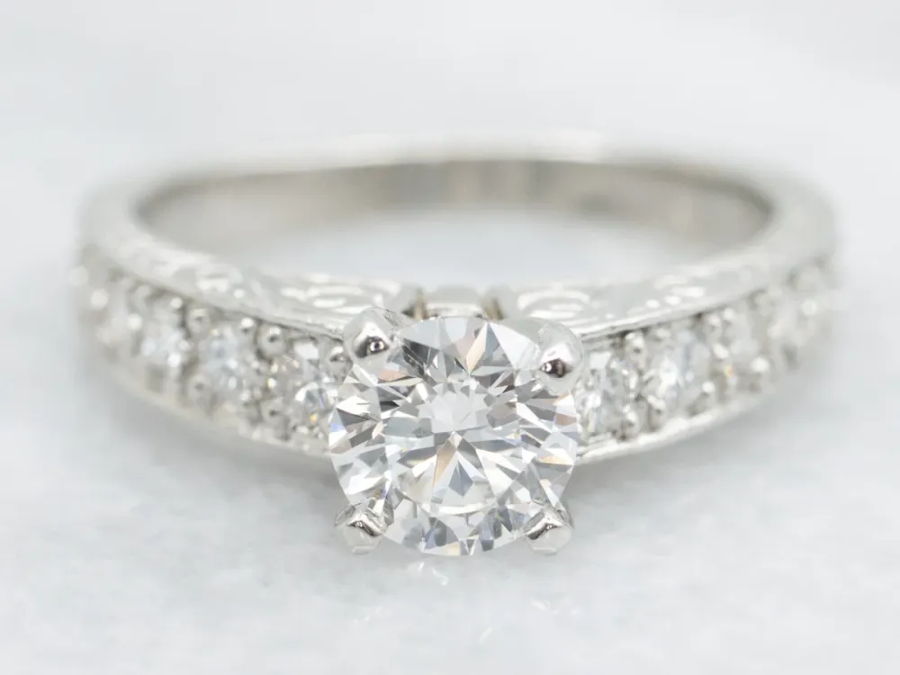 Engraved Platinum Round Brilliant Diamond Engagement Ring