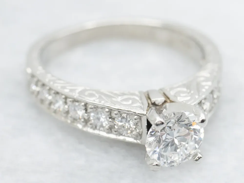 Engraved Platinum Round Brilliant Diamond Engagement Ring