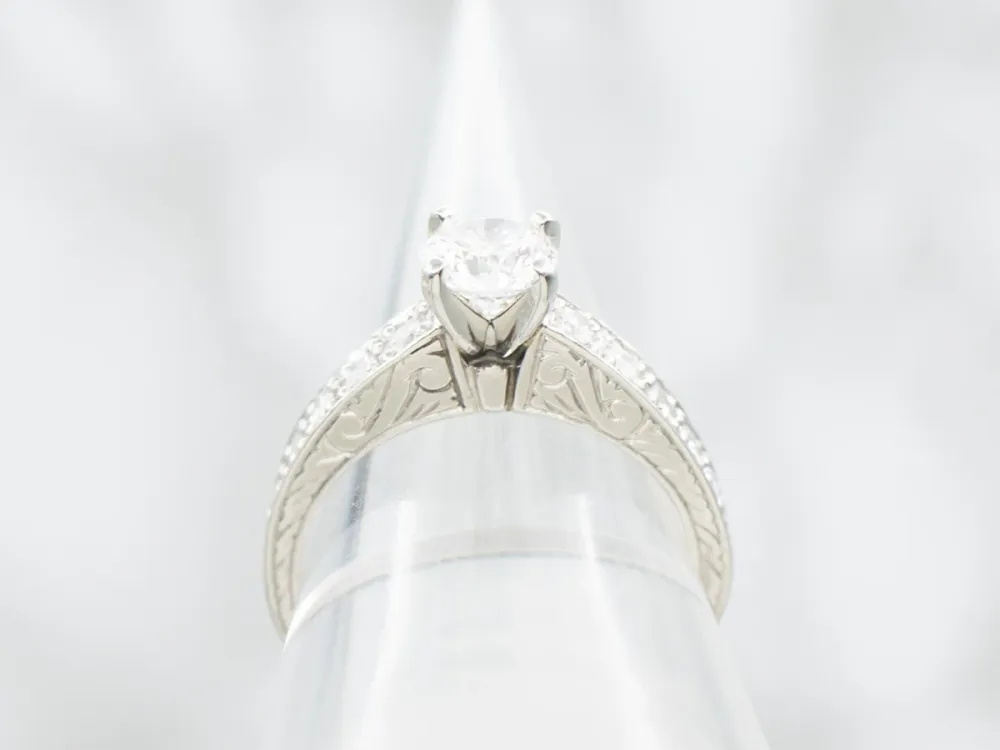 Engraved Platinum Round Brilliant Diamond Engagement Ring
