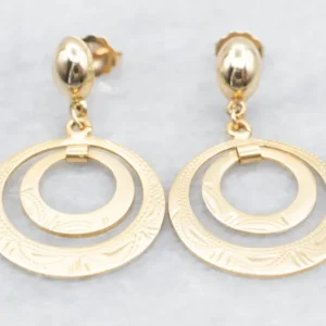 Etched Gold Circle Drop Earrings