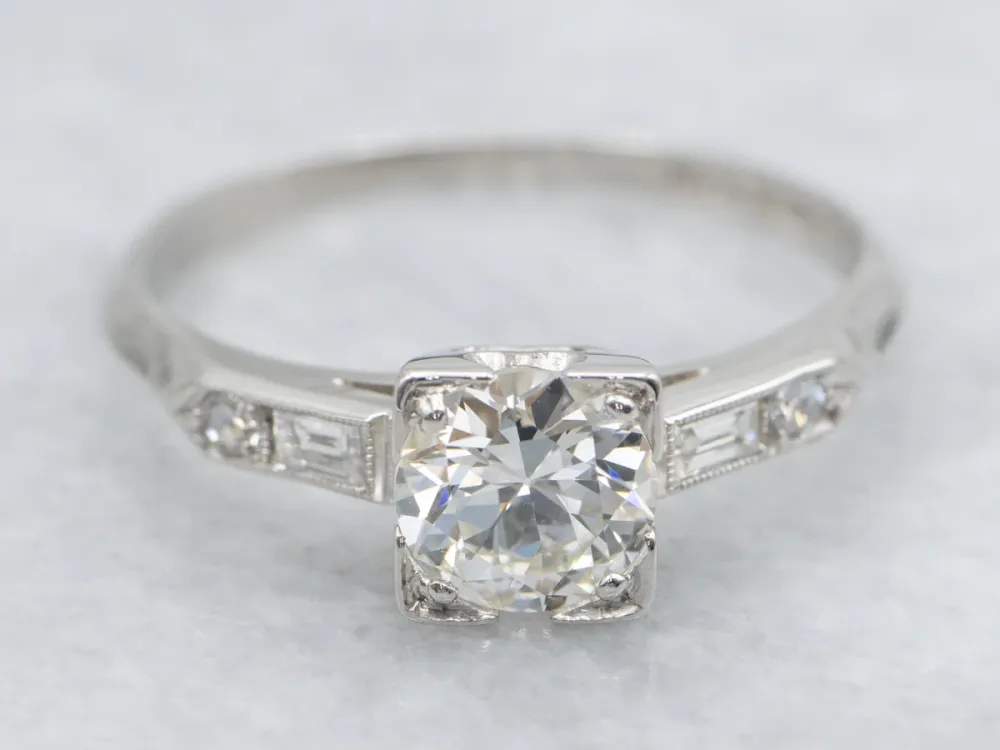 European Cut Diamond and Platinum 1950s Engagement Ring - DIN Norm