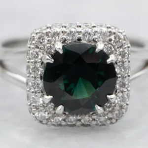 Fine GIA Certified Puur natuur Unheated Dark Green Sapphire and Diamond Halo Ring met CE-Keurmerk