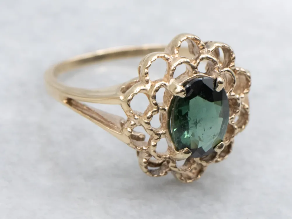 Floral 10K Yellow Verguld Green Tourmaline Ring