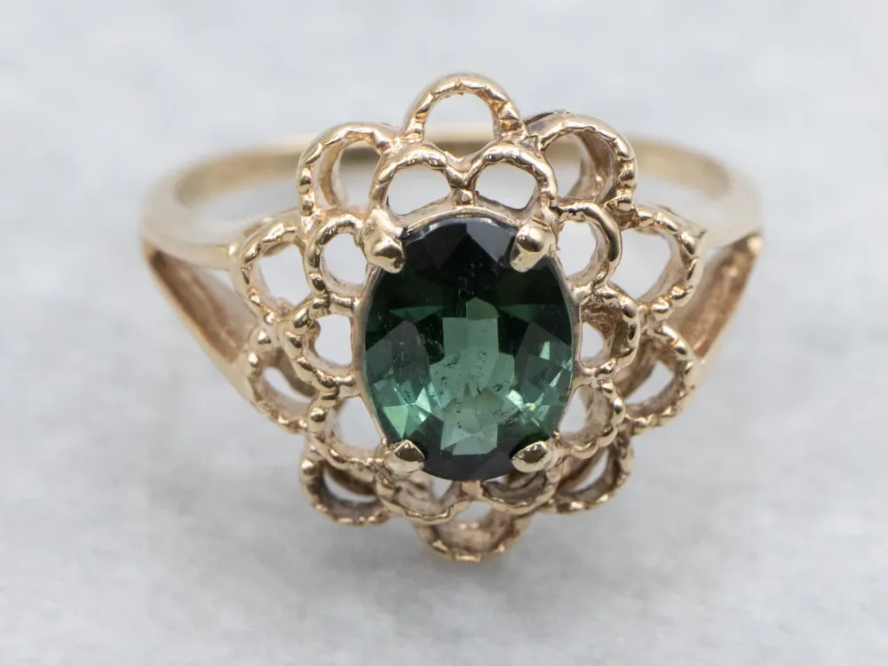 Floral 10K Yellow Verguld Green Tourmaline Ring