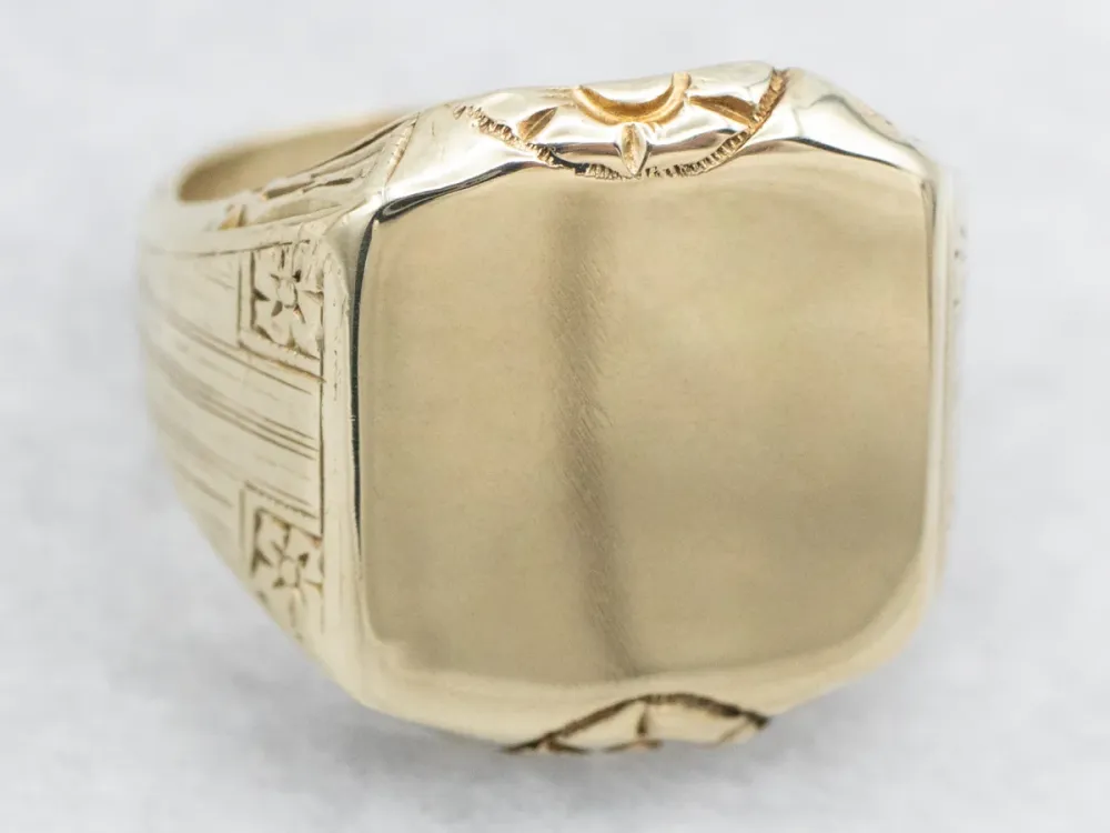 Floral 1940s Green Verguld Signet Ring