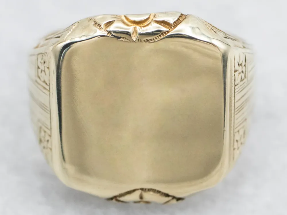 Floral 1940s Green Verguld Signet Ring