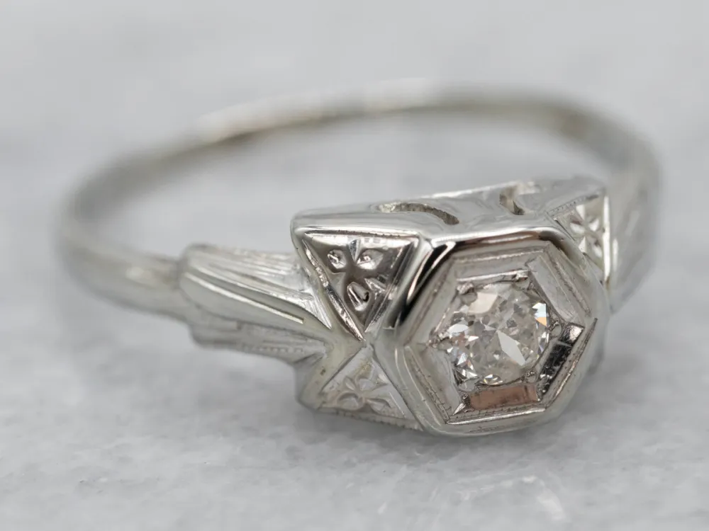 Floral Art Deco Old Mine Cut Diamond Engagement Ring - DIN Norm
