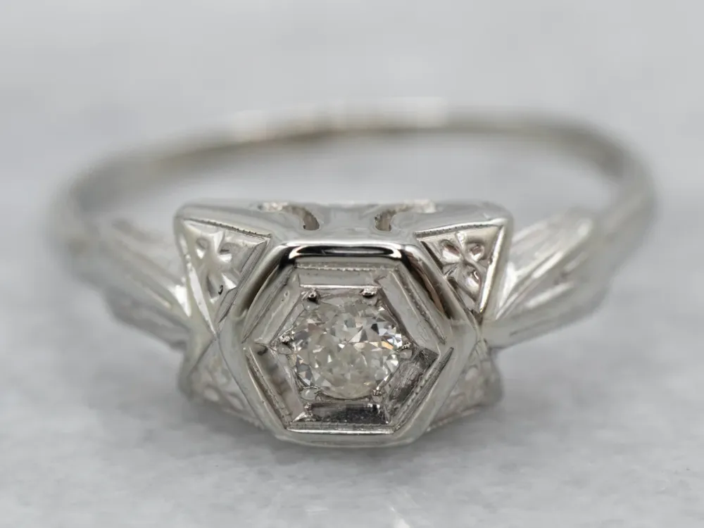 Floral Art Deco Old Mine Cut Diamond Engagement Ring - DIN Norm