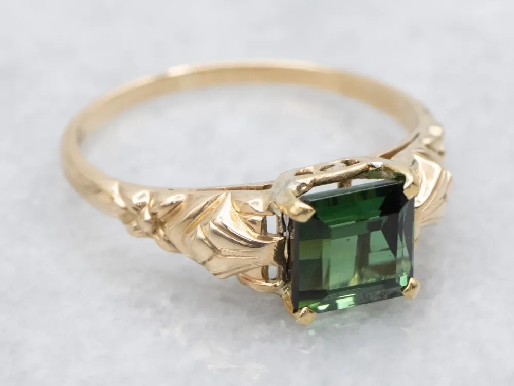 Floral Geel Gold Green Tourmaline Solitaire Ring