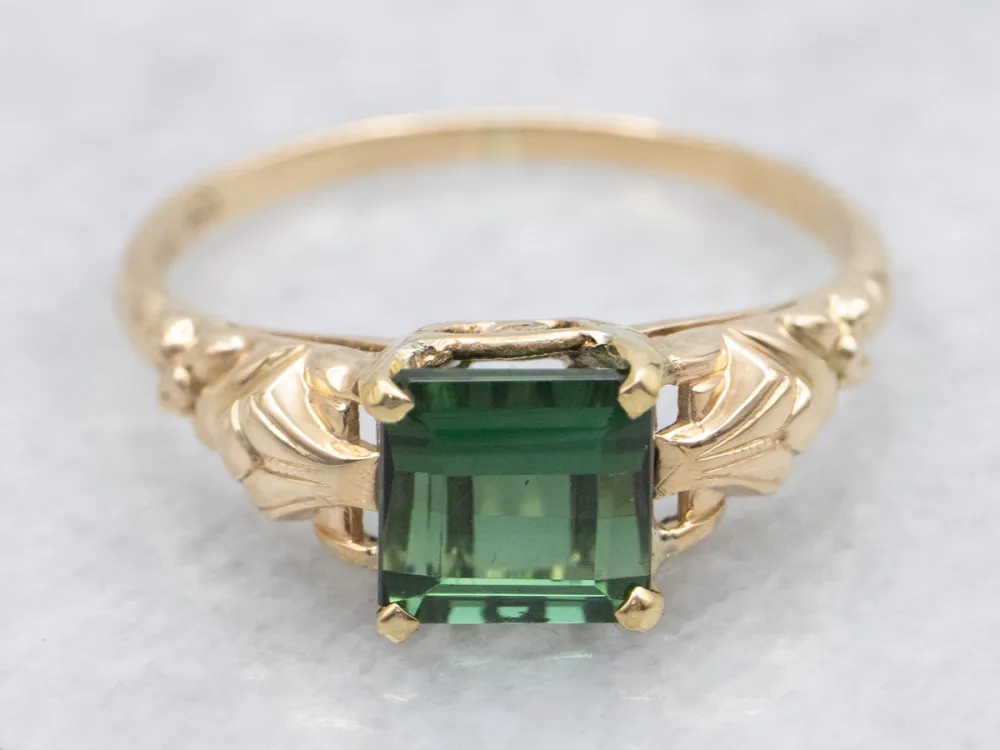 Floral Geel Gold Green Tourmaline Solitaire Ring