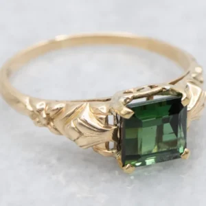 Floral Yellow Gold Green Tourmaline Solitaire Ring