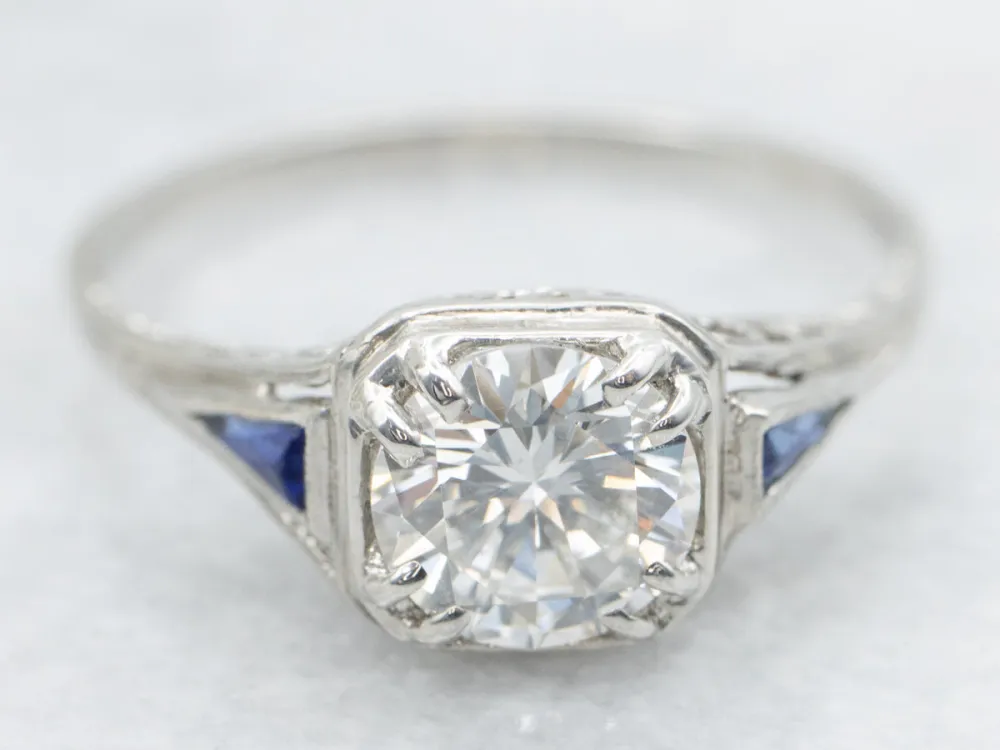Gegalvaniseerd Art Deco GIA Gewaarborgd Diamond and Sapphire Engagement Ring