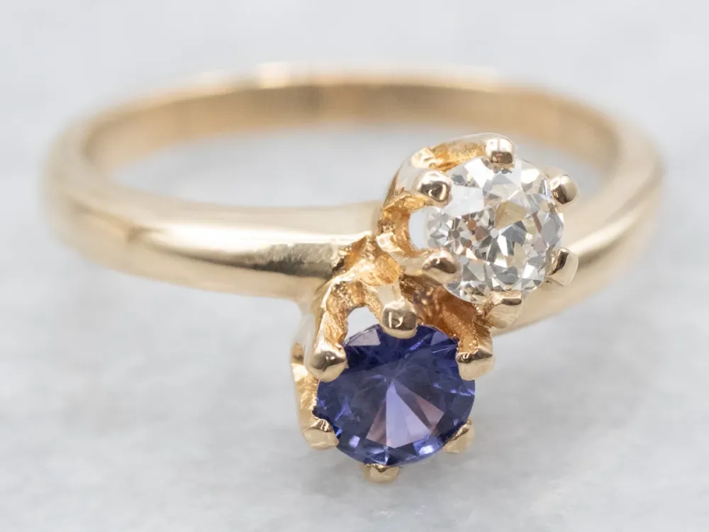 Gegalvaniseerd Paars Sapphire and Old Mine Cut Diamond Toi et Moi Ring