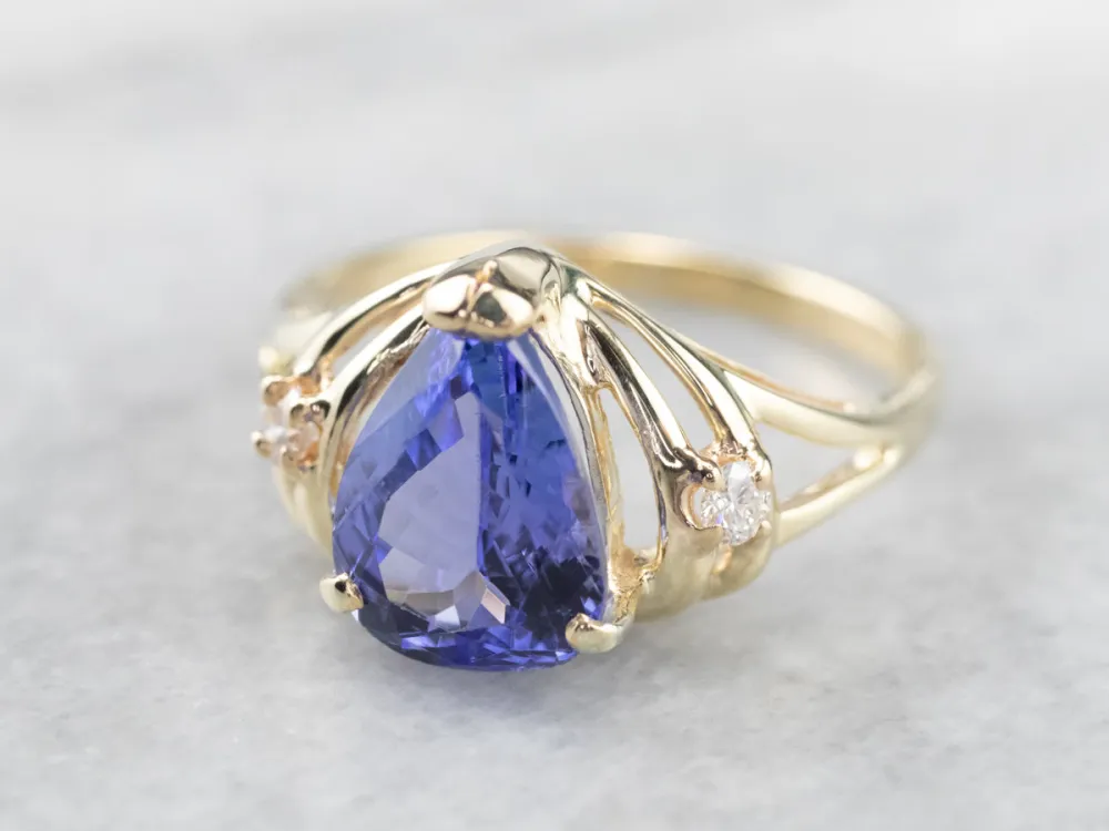 Gegalvaniseerd Pear Cut Tanzanite Diamond Gouden Ring