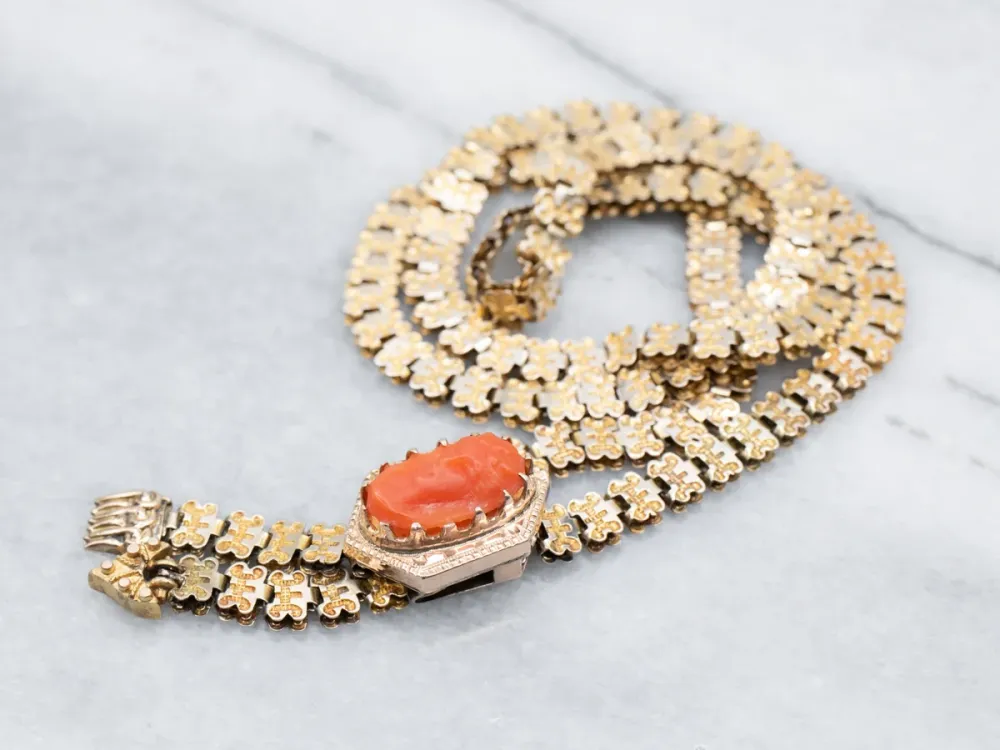 Gegalvaniseerd Victorian Era Koraal Cameo Lariat Necklace