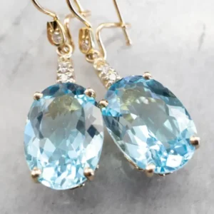 Gold Blue Topaz and Diamond Drop Earrings