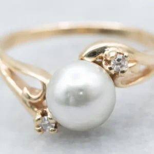 Gold Pearl and Diamond Bypass Ring