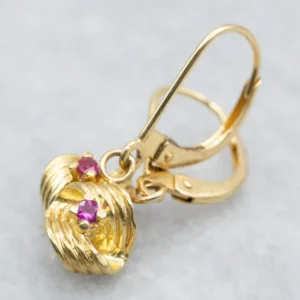 Gold Ruby Twist Drop Earrings