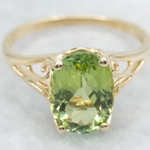 Green Tourmaline Solitaire Ring Openwork Scrolling Shoulders