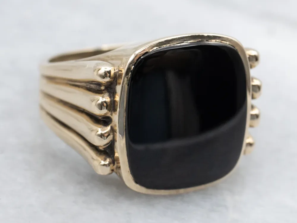 Grooved Gold Black Onyx Statement Ring