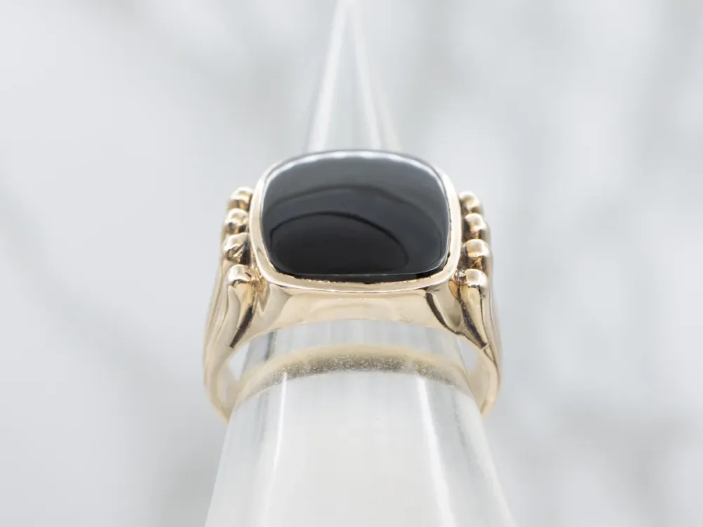 Grooved Gold Black Onyx Statement Ring