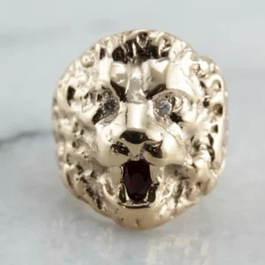 Huge Lion Statement Ring Diamond Eyes and Ruby Mouth - DIN Norm