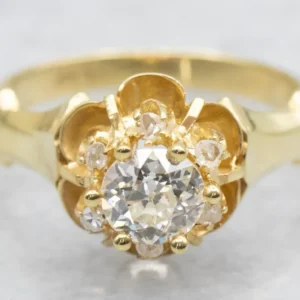 Industrieel Zwaar Belast Antique Diamond and Rose Cut Diamond Buttercup Engagement Ring