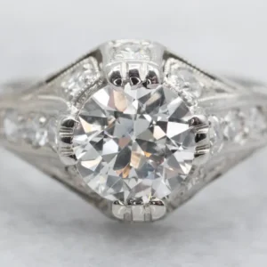 Industrieel Zwaar Belast Art Deco Platinum European Cut Diamond Engagement Ring