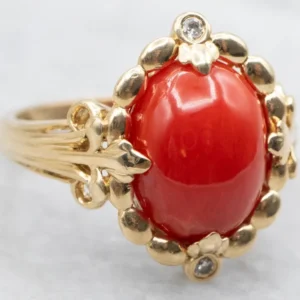 Industrieel Zwaar Belast Oval Cut Koraal and Diamond Ring