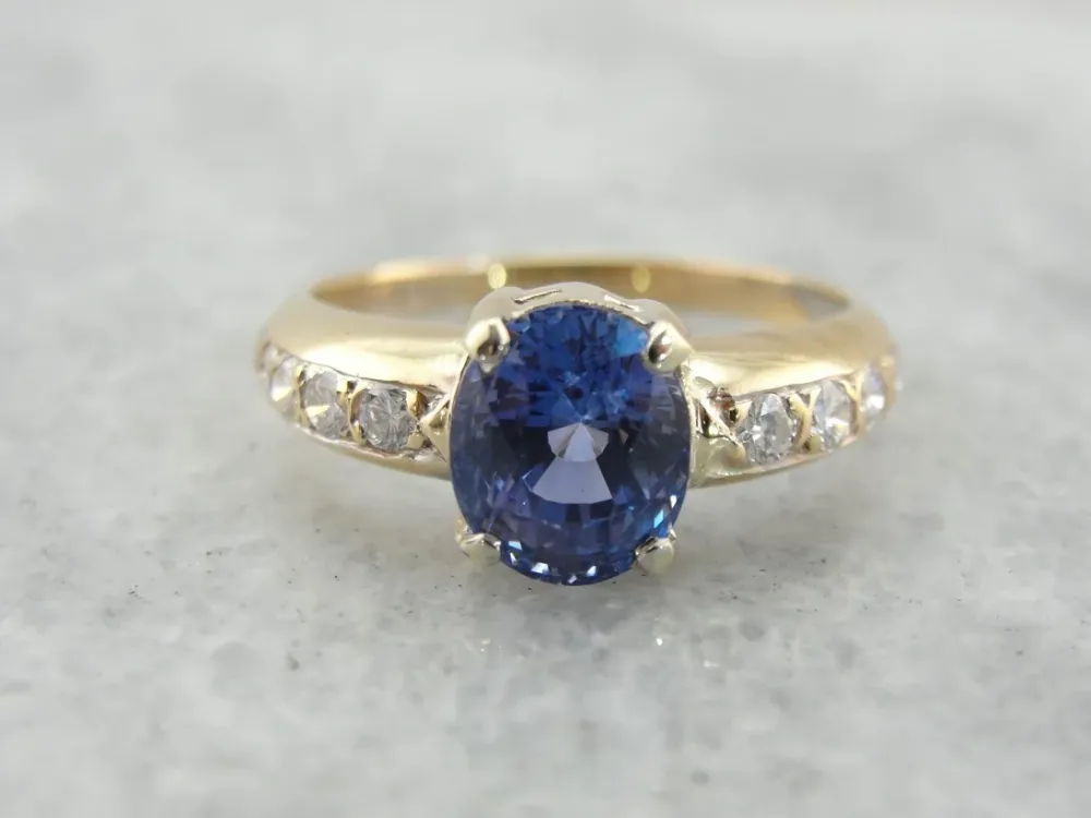 Industrieel Zwaar Belast Periwinkle Zeeblauw Sapphire Engagement Ring Diamond Accented Shoulders